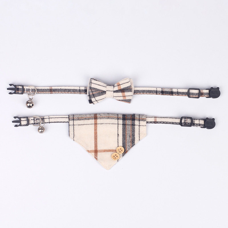Cross-border new pet collar plaid fabric collar bow saliva towel set factory spot wholesale