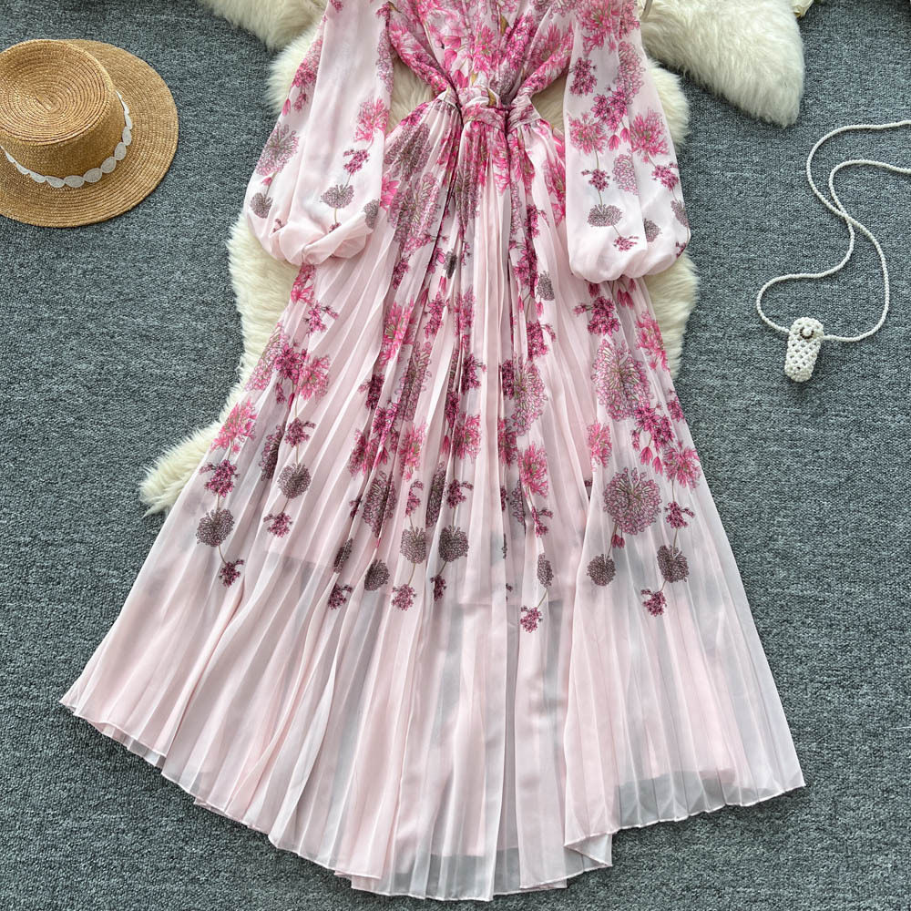 Elegant French Style Womens Dress High End Design Waist Defining Round Neck Lantern Sleeves Floral Print Perfect