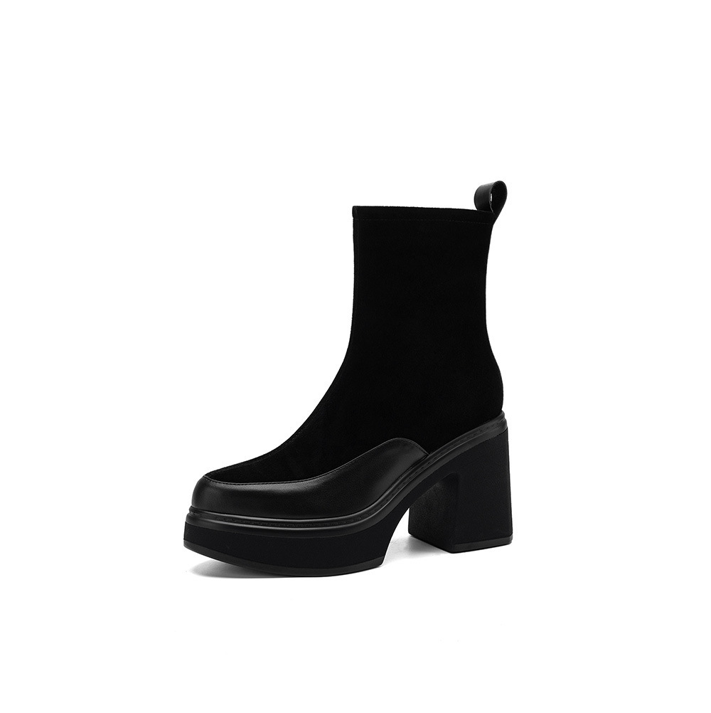 Boot nữ mũi nhọn phối da, cổ ngắn ôm chân, đế dày gót cao — Lớp lót đơn màu đen, Lót nhung đen