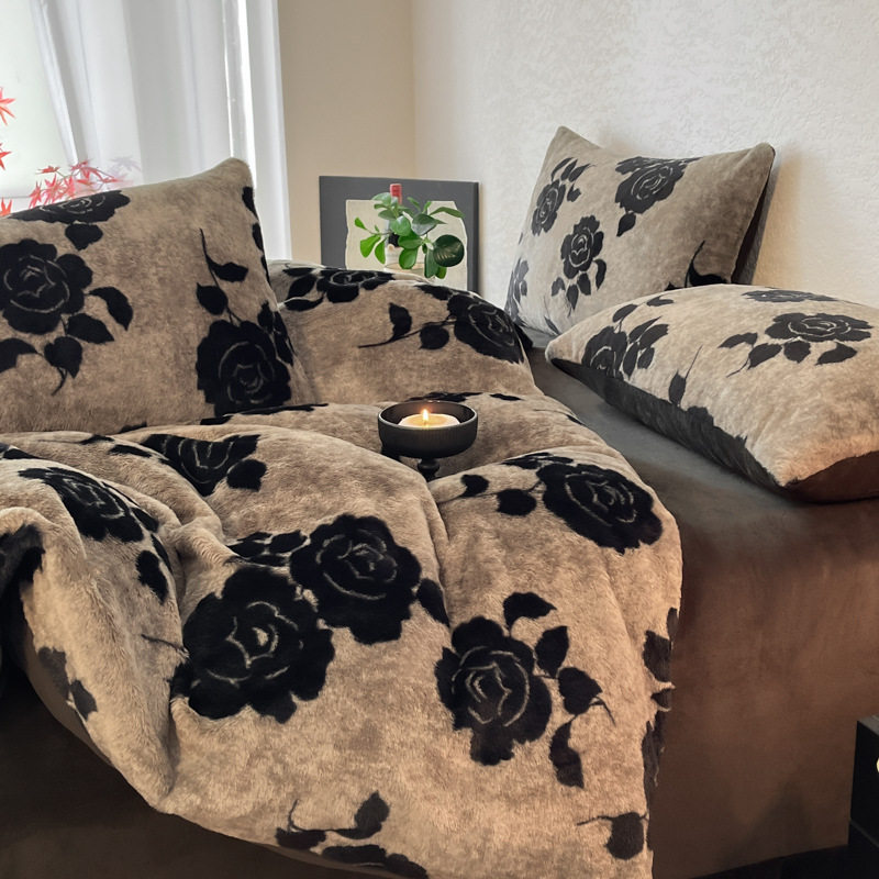 Category a Maternal and Infant Rabbit Velvet Milk Velvet Bed Cover Four-Piece Set Maillard High Weight Thickeneded Winter Warm Four-Piece Set