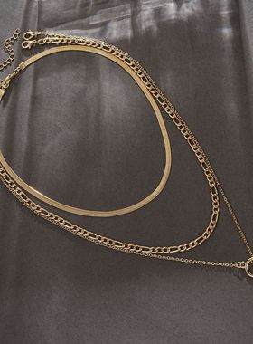 欧美跨境饰品复古百搭多层蛇骨链条项饰简约硬币吊坠OT扣金属项链