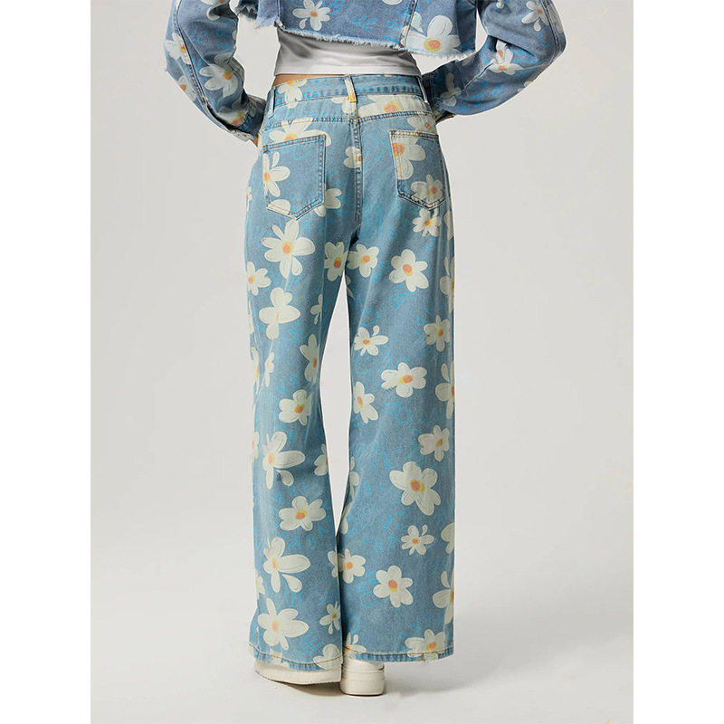 Womens Vintage Floral Print Straight Leg Jeans High Quality Denim Casual Wear Wholesale Available