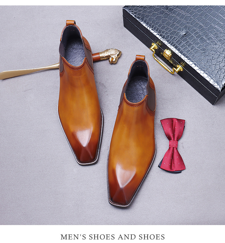 Giày Chelsea boot nam da bò thật cổ thấp dây chun hai bên — Màu nâu vàng, Màu đen (kiểu lót lông), Màu đen, Màu nâu vàng mẫu lót nhung
