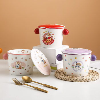 Genuine authorized flying dog Moco large capacity instant noodle bowl Japanese binaural noodle bowl with lid ceramic bowl round handle