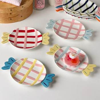 Korean Ins Style Candy Ceramic Plate High-Value Household Fruit Cake Plate Ceramic Breakfast Plate Jewelry Plate