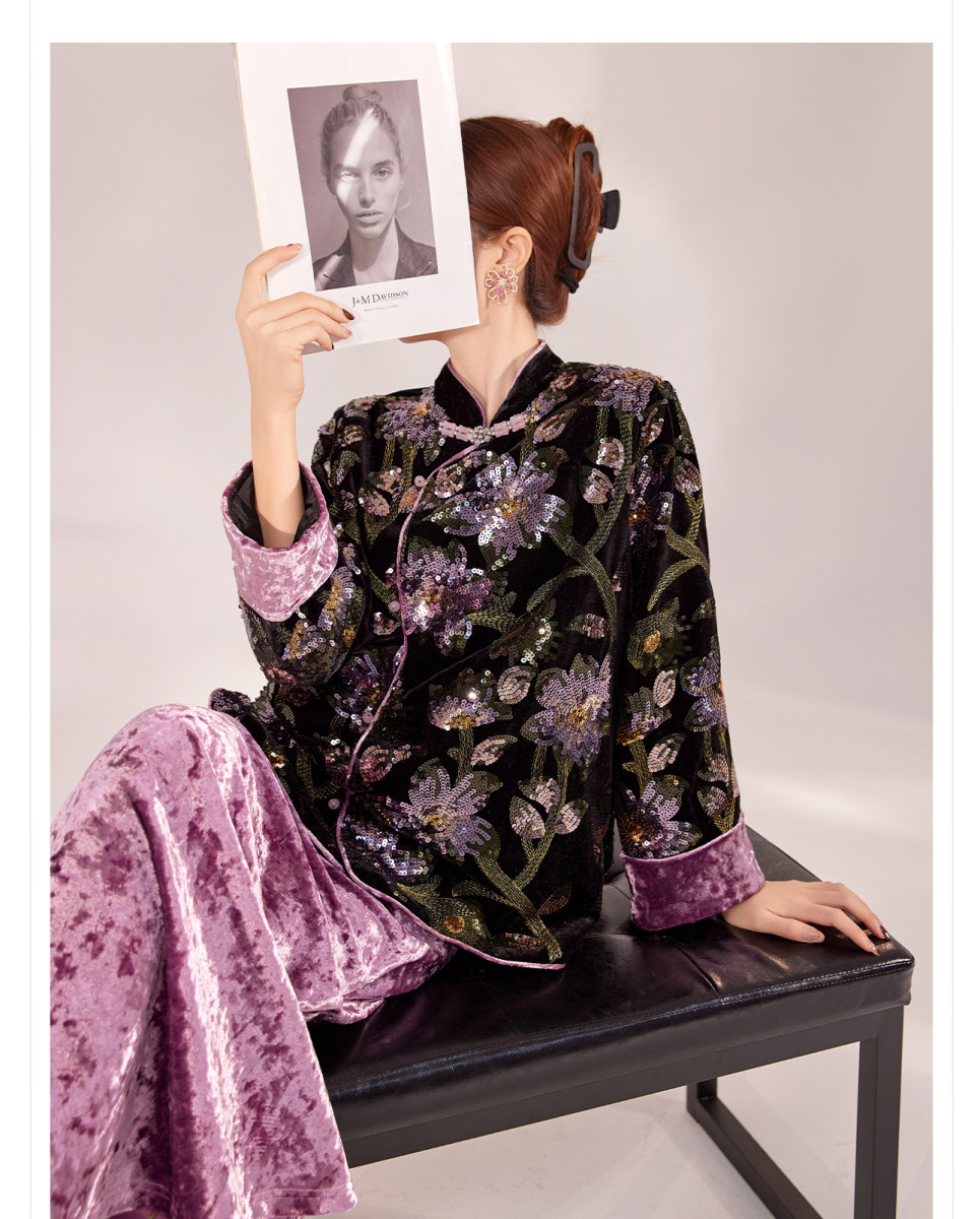 Bộ đôi áo khoác sequin thêu hoa và chân váy dài nữ dáng thanh lịch — Váy tím Mushan (Giao hàng trong 7 ngày), Váy tím Mushan (giao hàng trong ngày), Áo khoác sequin (giao hàng trong 7 ngày), Áo khoác sequin (giao hàng trong ngày)