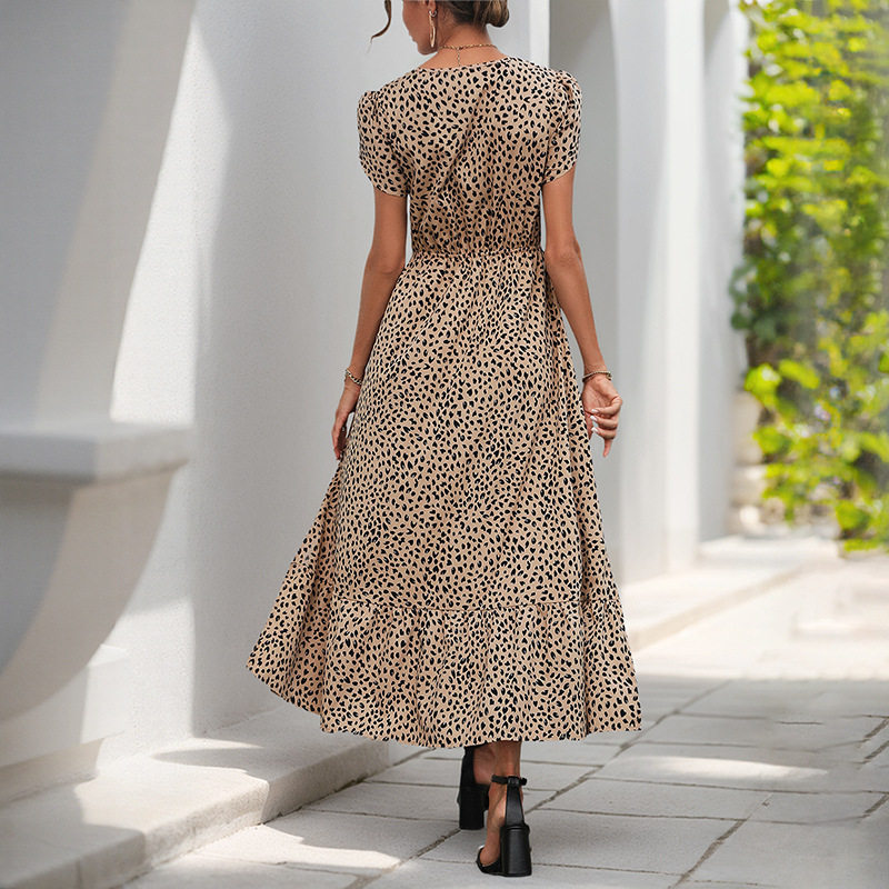 Elegant Leopard Print Maxi Dress with Lace Trim V Neck Flowy Silhouette Versatile Style Perfect for Parties or Casual