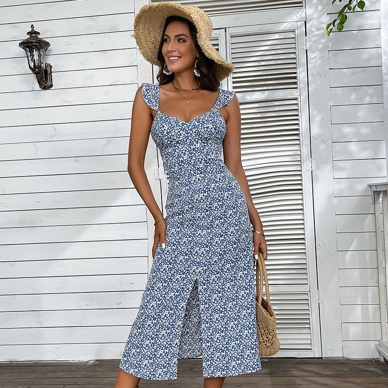 Floral Print Maxi Dress Sweet Country Style Sleeveless High Slit Lightweight Fabric Summer Casual Wear Wholesale