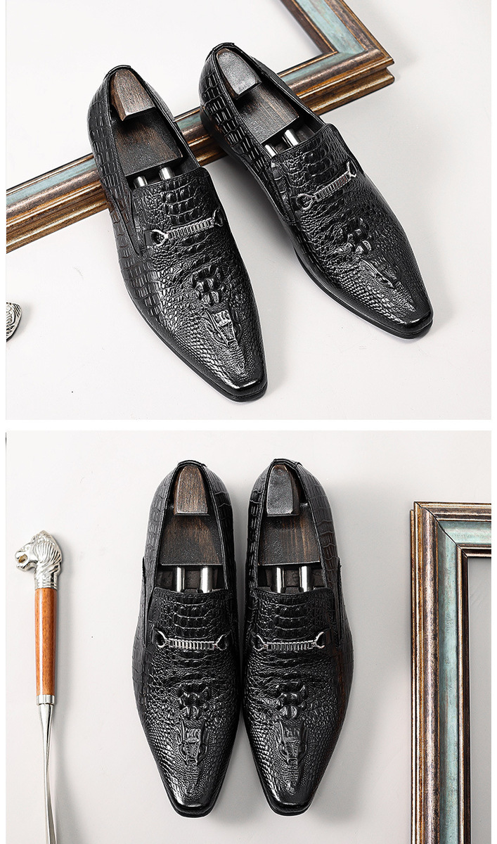 Giày lười nam mũi nhọn da bò thật dập nổi, giày slip-on công sở — Màu đen, Màu đỏ rượu