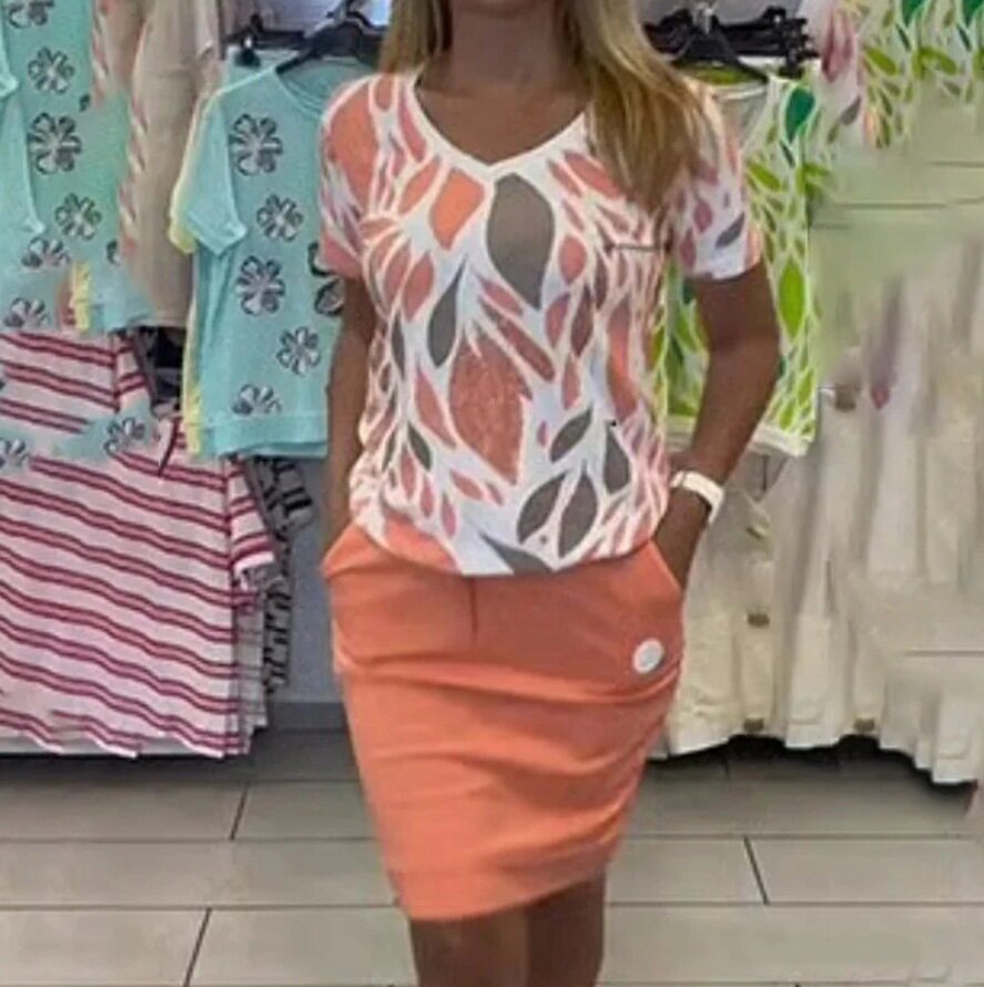 Womens Two Piece Set Printed Short Sleeve Top Round Neck Pocket Design Stylish Mini Skirt Autumn Fashion