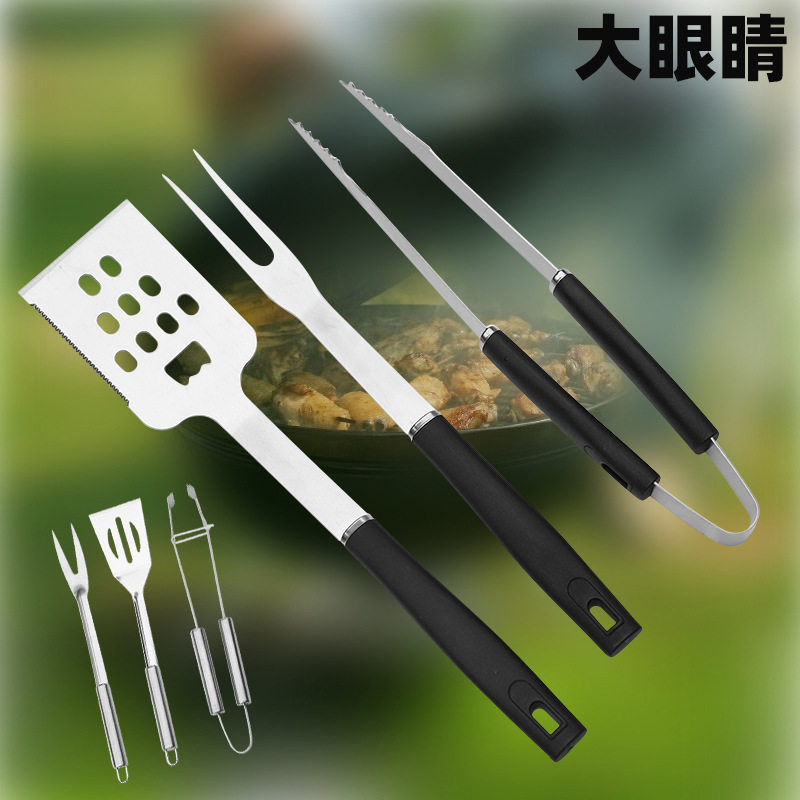 Big eyes barbecue tools suit stainless steel outdoor barbecue clip barbecue fork 3-piece set plastic handle barbecue shovel