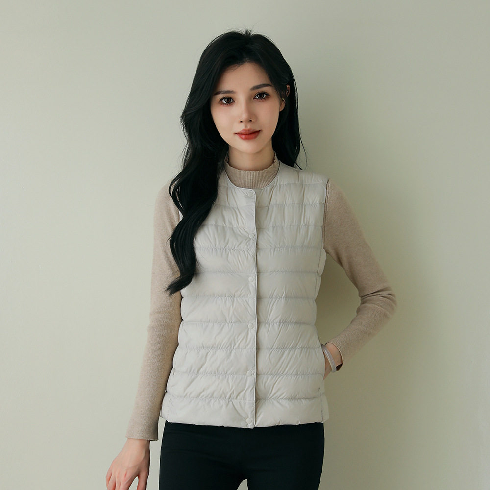 Pinghu Autumn and Winter Women's Lightweight Round Neck Down Liner Vest Warm White Duck Down Vest Solid Color Slim-fit Waistcoat