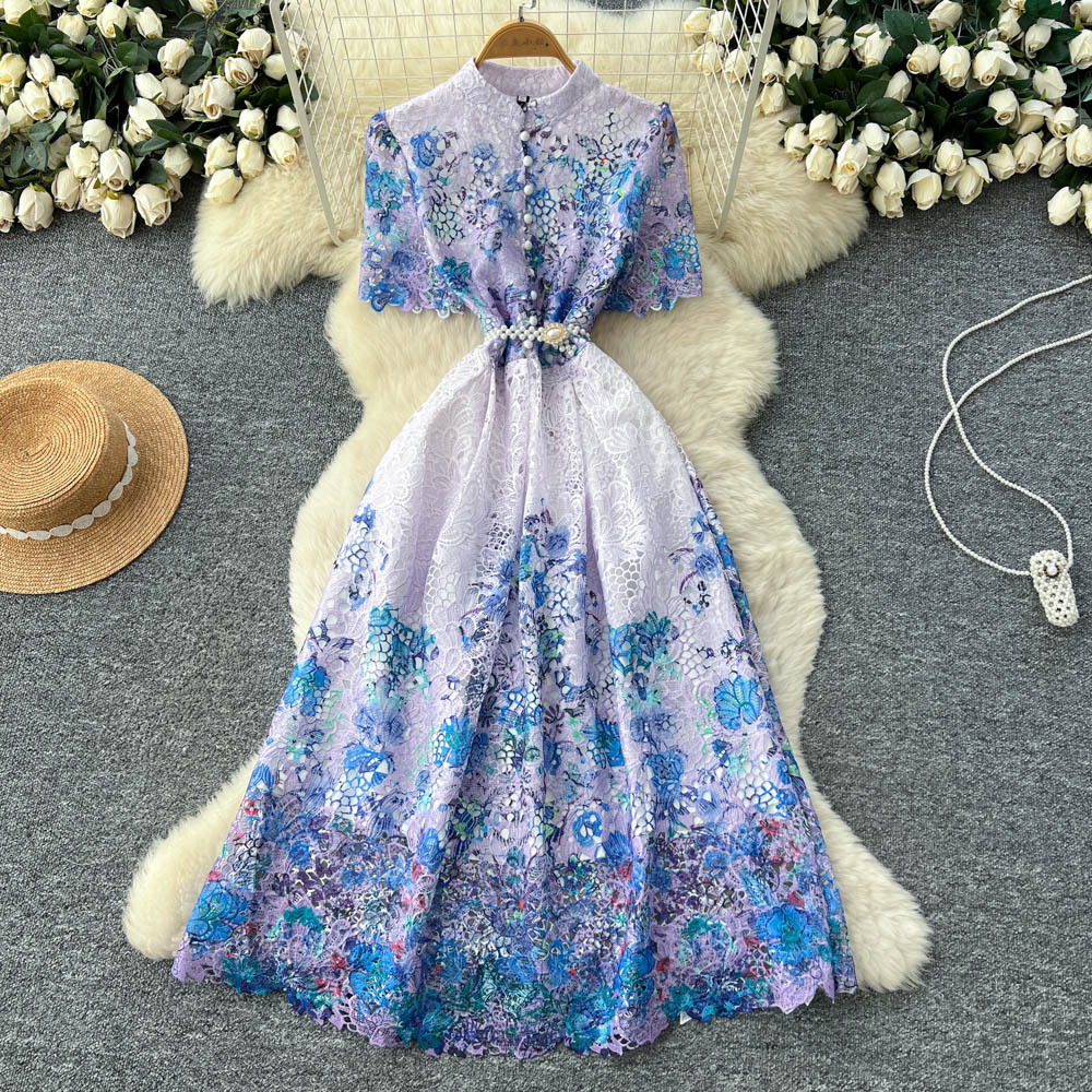 Vintage Lace Print Dress French Design Hollow Out High Waist A Line Silhouette Elegant for Parties or Special