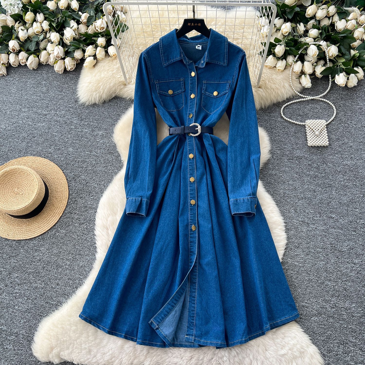 Vintage Inspired Long Sleeve Denim Dress for Women Elegant Fit Waist Tie Button Closure Pleated Design Perfect for