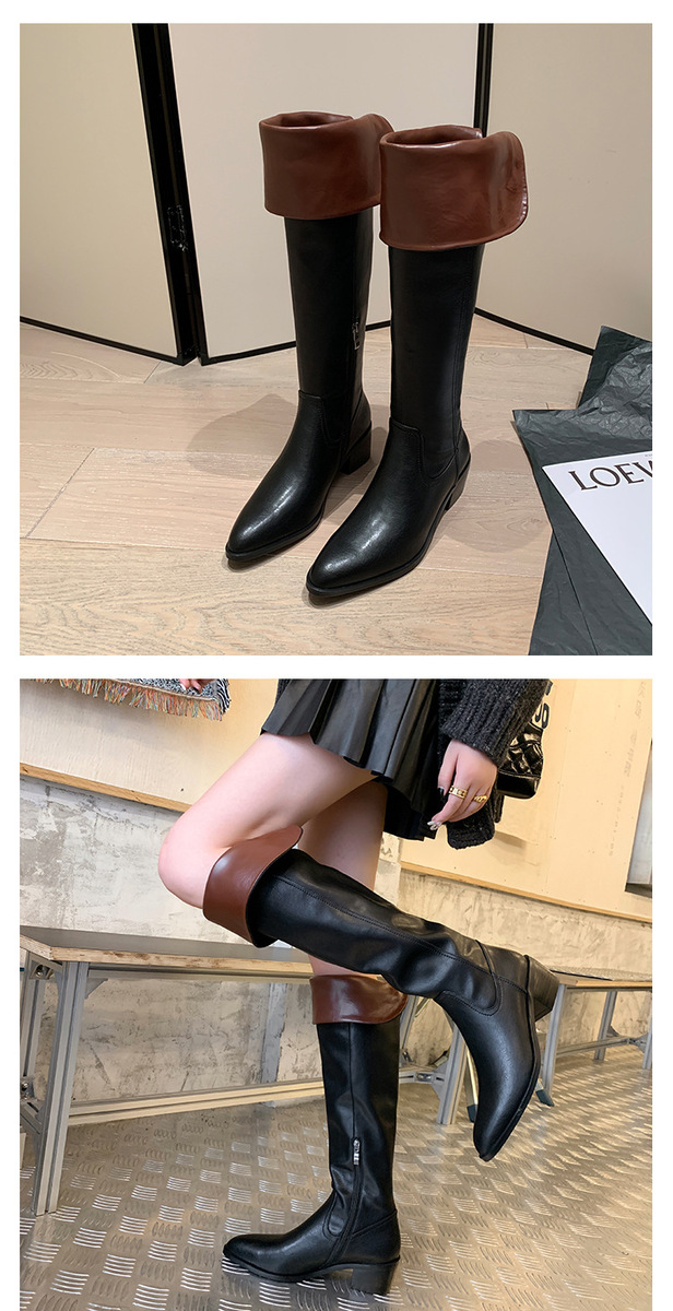 Boot nữ cổ cao quá gối da bò gót thô 5cm mũi nhọn phong cách tối giản — Lớp lót đơn màu đen, Lớp lót đơn màu đỏ neo, Lớp lót nhung đen, Mỏ neo nhung đỏ