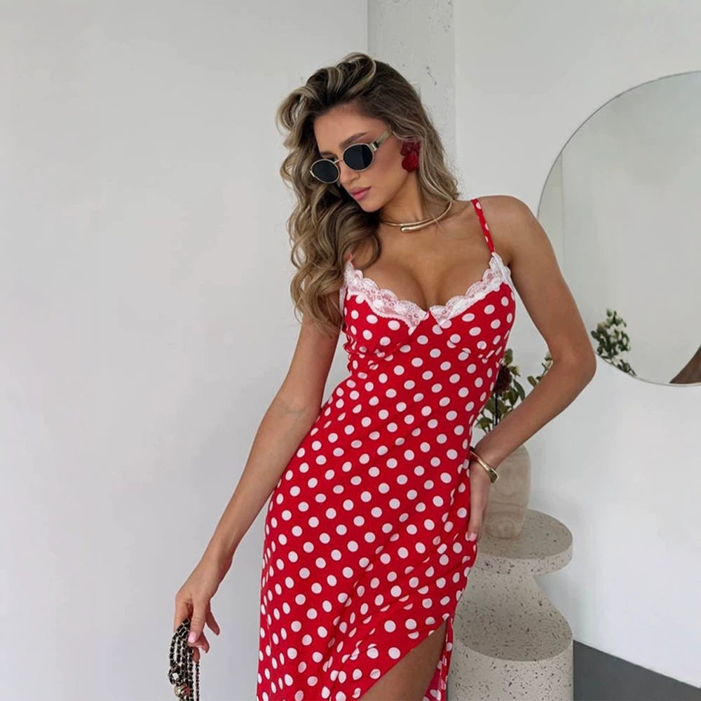 Summer Sleeveless Dress Elegant Polka Dot Print Lace Panel V Neck Slim Fit Side Slit Perfect for Parties or