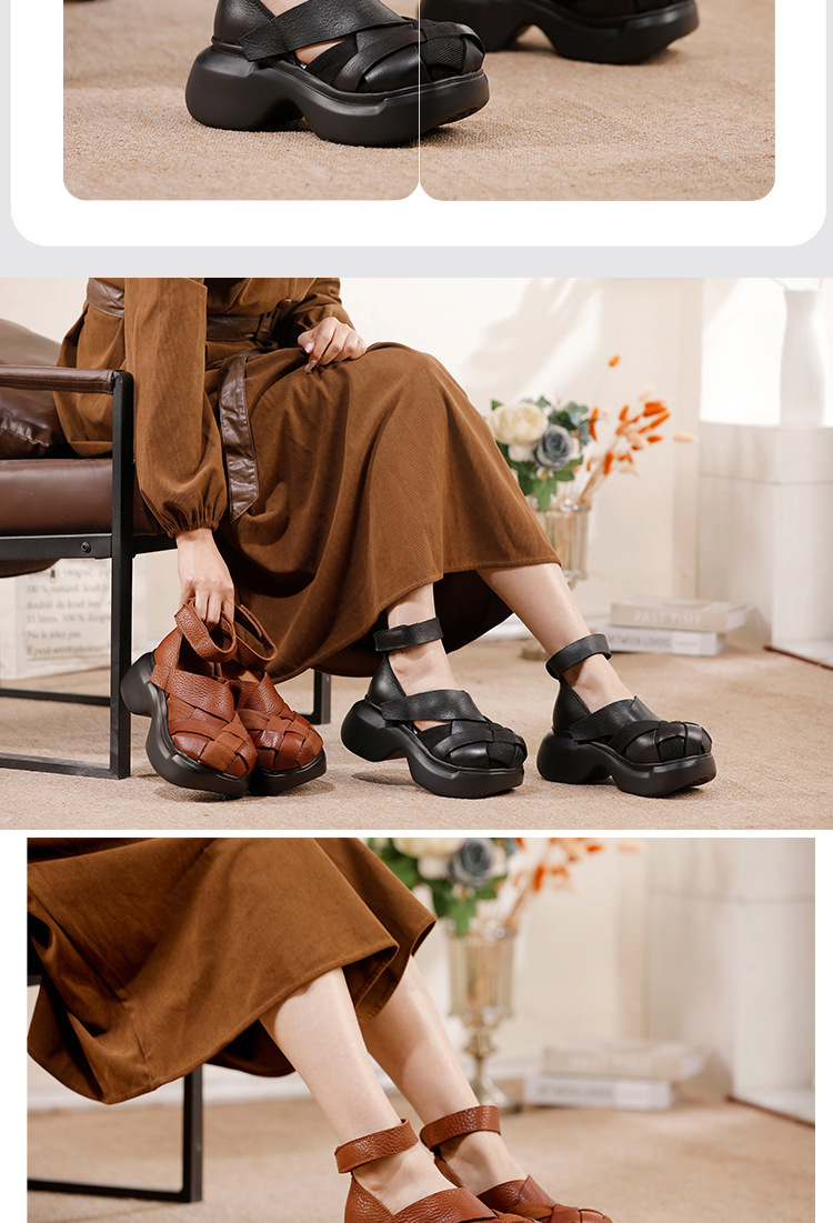 Sandal nữ đế dày thủ công da bò bện dây — màu đen, Màu nâu
