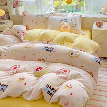 2025 New Cute Cartoon Fresh Milk Velvet Four-Piece Set Ins Style Super Soft Skin-Friendly Naked Sleeping Printed Four-Piece Set