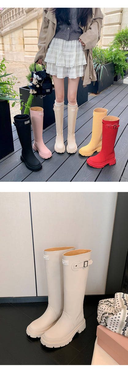 Boot nữ cổ cao da lộn phong cách hiệp sĩ khóa thắt lưng — li đơn màu đỏ, Li đơn màu hồng, Li đơn màu vàng, Lớp lót đơn màu trắng nhạt