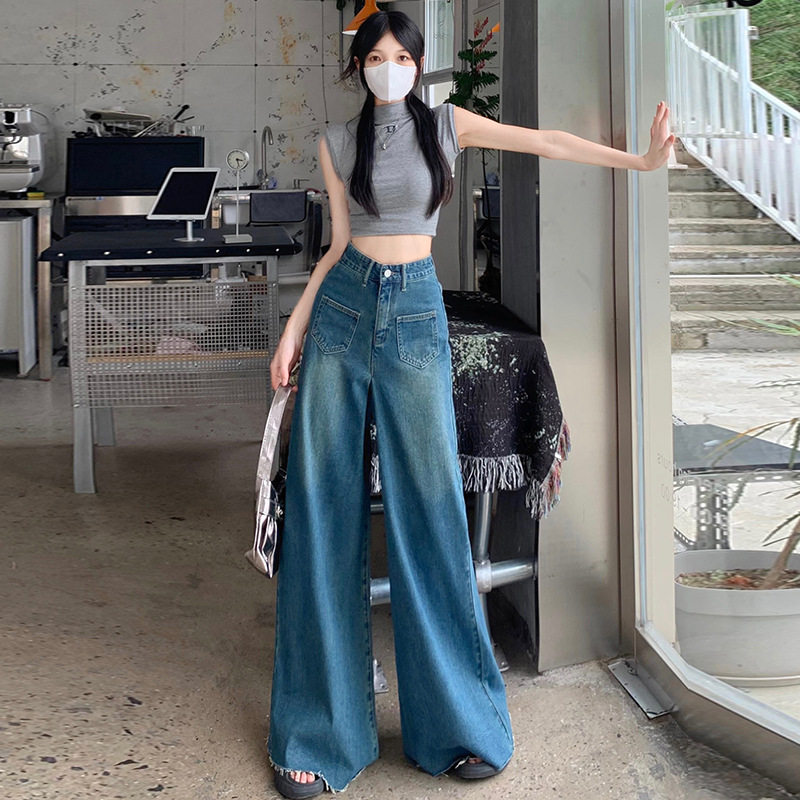 High Waisted Wide Leg Denim Skirt Vintage Style Flattering Fit Frayed Hem Spring Fashion for Women Wholesale