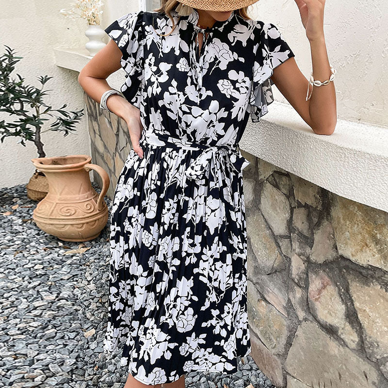 High Waist Midi Dress Floral Print Black Color Summer Style Wholesale Available private label