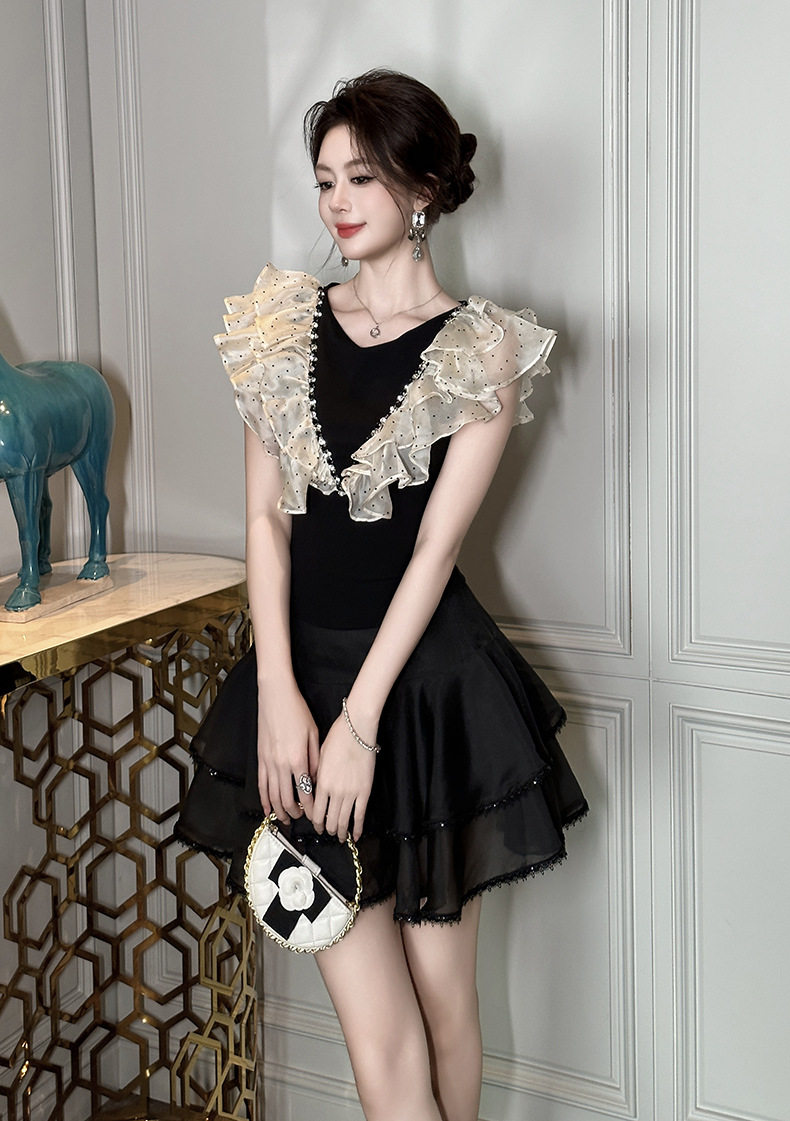 Áo thun nữ cổ tròn tay ngắn phong cách Pháp, thiết kế tay bèo nhún, dáng ôm, màu đen cơ bản — [Đen] chi tiết 9