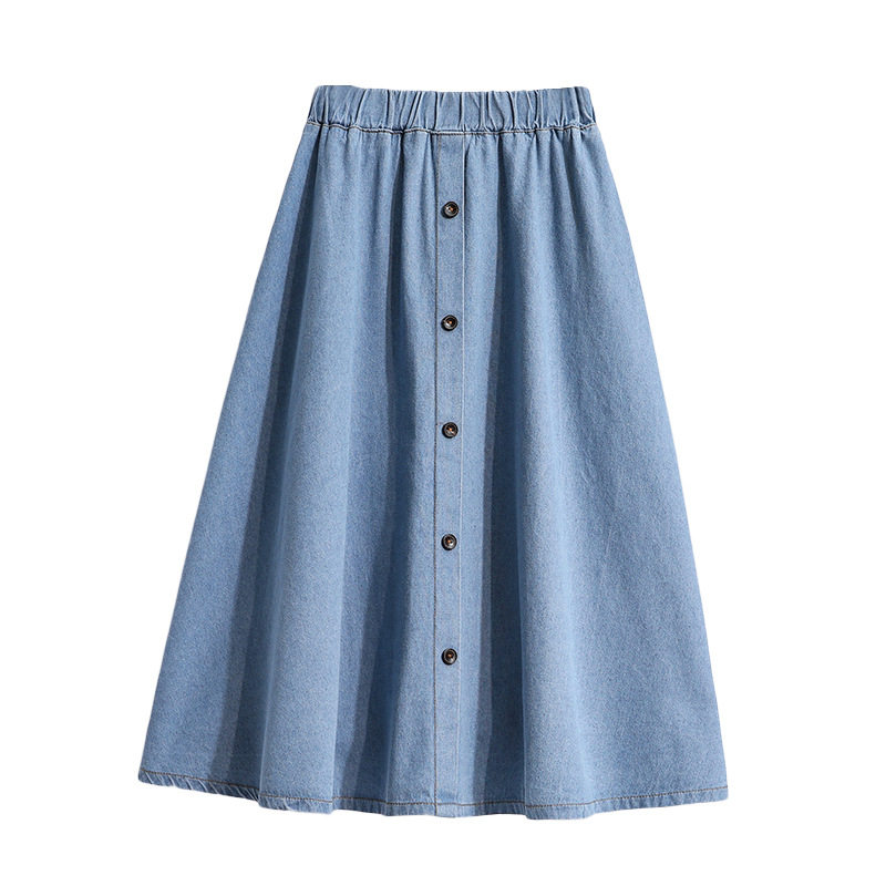Summer Denim Skirt Button Front Elastic Waist Water Blue Casual Street Style for Students Wholesale Available