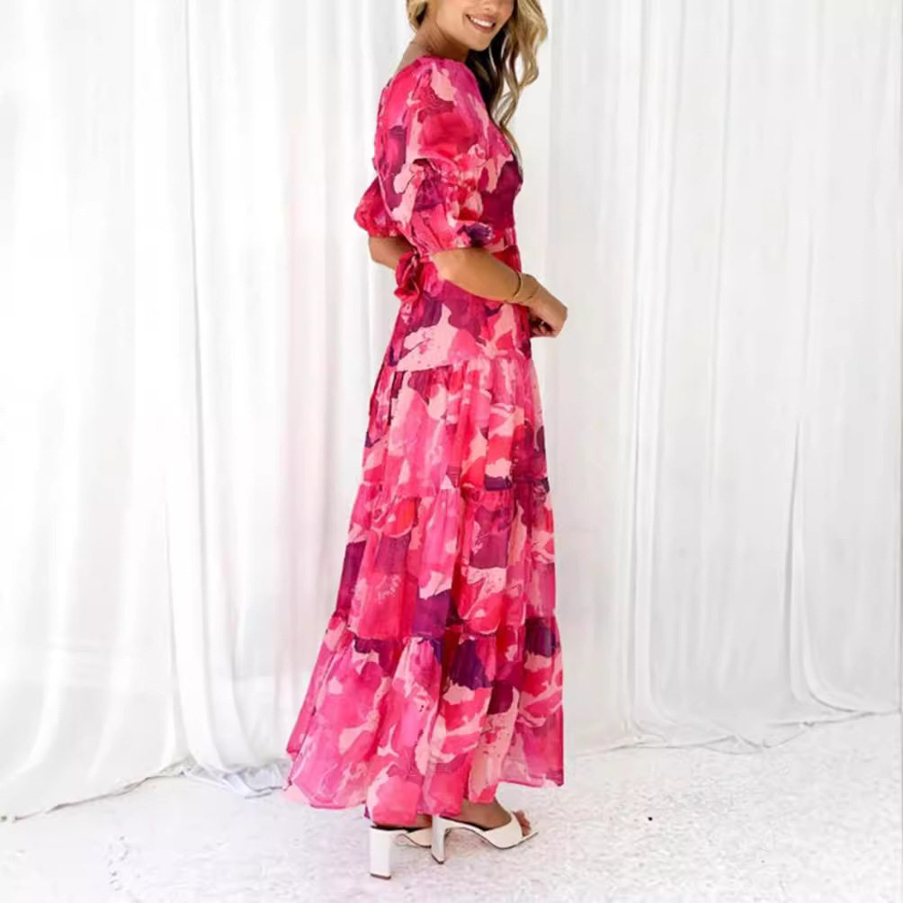 Floral Print V Neck Puff Sleeve Dress Waist Defining Summer Style Perfect for Casual Outings Wholesale Available