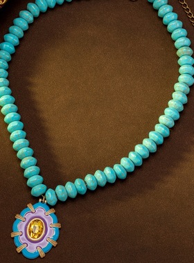 中古vintage蓝色珐琅串珠松石项链耳钉华丽夸张时尚复古毛衣链