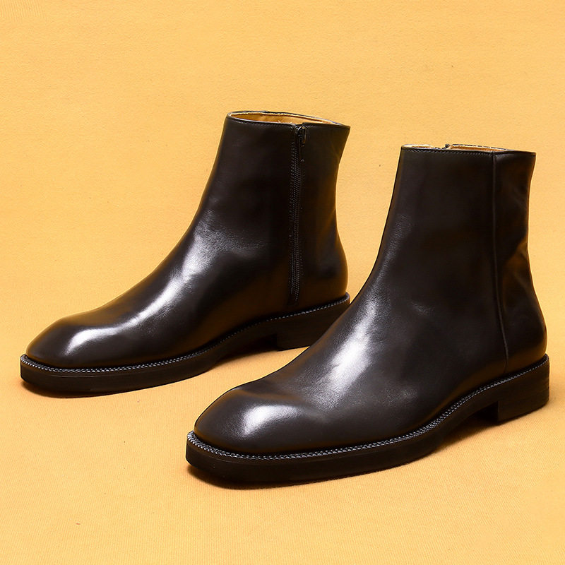 Giày Boot Martin Nam Da Bò Khóa Kéo Mũi Vuông Phong Cách Anh Chiều Cao Đế Khoảng 3cm Màu Đen, Nâu