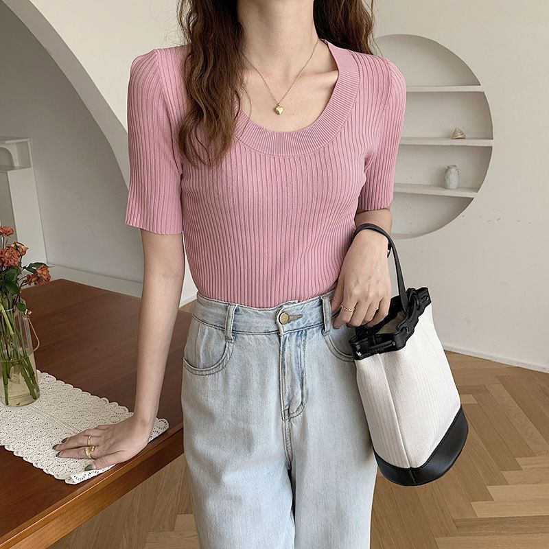 Womens Soft Ice Silk Knit T Shirt Low Round Neck Slim Fit Trendy Design Summer Casual Wear OEM Available