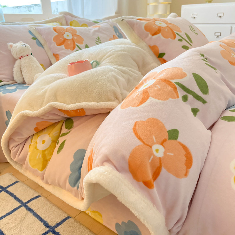 Milk Velvet Cashmere Four-Piece Winter Thickeneded Double-Sided Velvet Quilt Cover Coral Velvet Three-Piece Bed Bed Sheets Winter Fleece-Lined