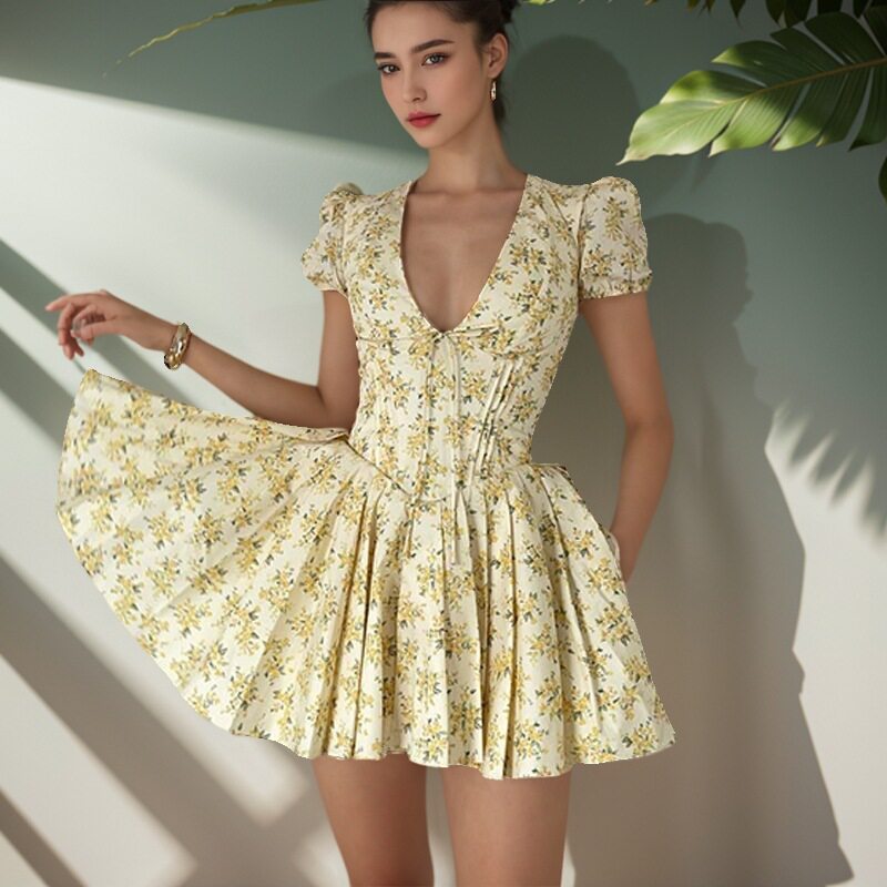 Floral Puff Sleeve V Neck Dress Slim Fit Retro French Style Summer Fashion Perfect for Parties and Casual Outings