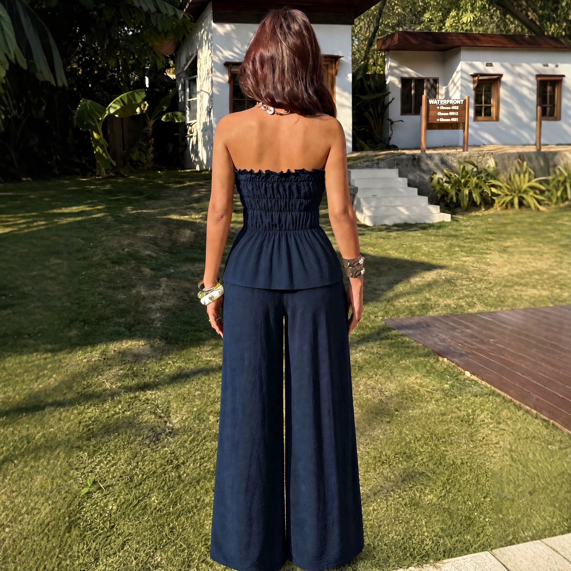 Off Shoulder Crop Top and Wide Leg Pants Set Slim Fit Waist Defining Chic Style Perfect for Summer Events Wholesale