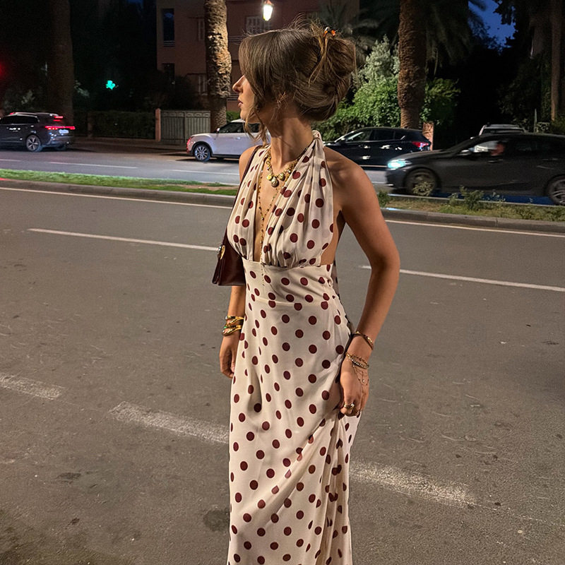Summer Womens Dress Fashionable Polka Dot Print Sexy Halter Neck Backless Bodycon Maxi Perfect for Parties