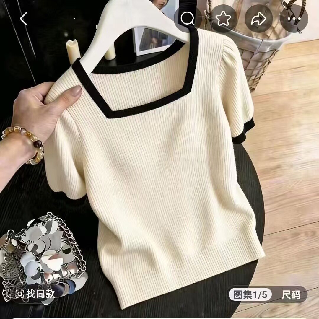 ข้ามพรมแดนฤดูร้อนผ้าไหมน้ำแข็งถักเสื้อยืดแขนสั้นสำหรับผู้หญิ...