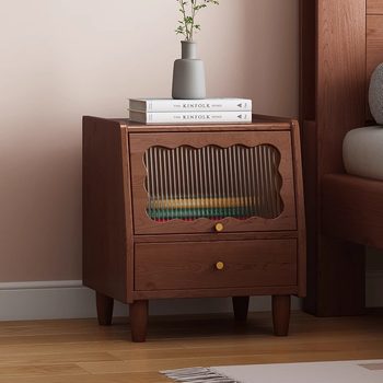 Bedside Table Storage Cabinet Bedroom Light Luxury High-End New Chinese Style All Solid Wood Retro Bedside Table with Glass Bedside Cabinet