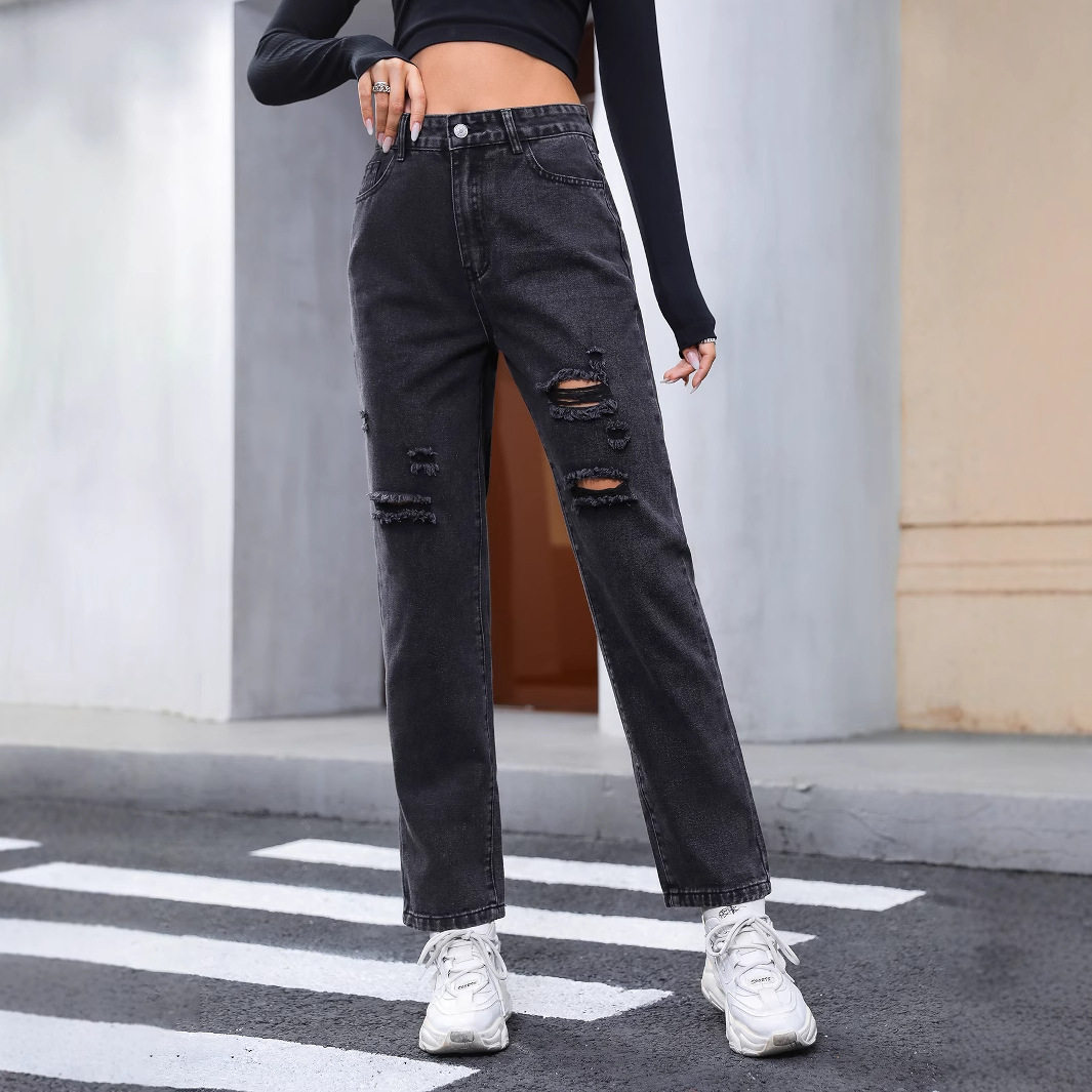 Slim Fit Ripped Straight Leg Jeans Womens Casual Denim Trousers Trendy for Everyday Wear Ready to Ship