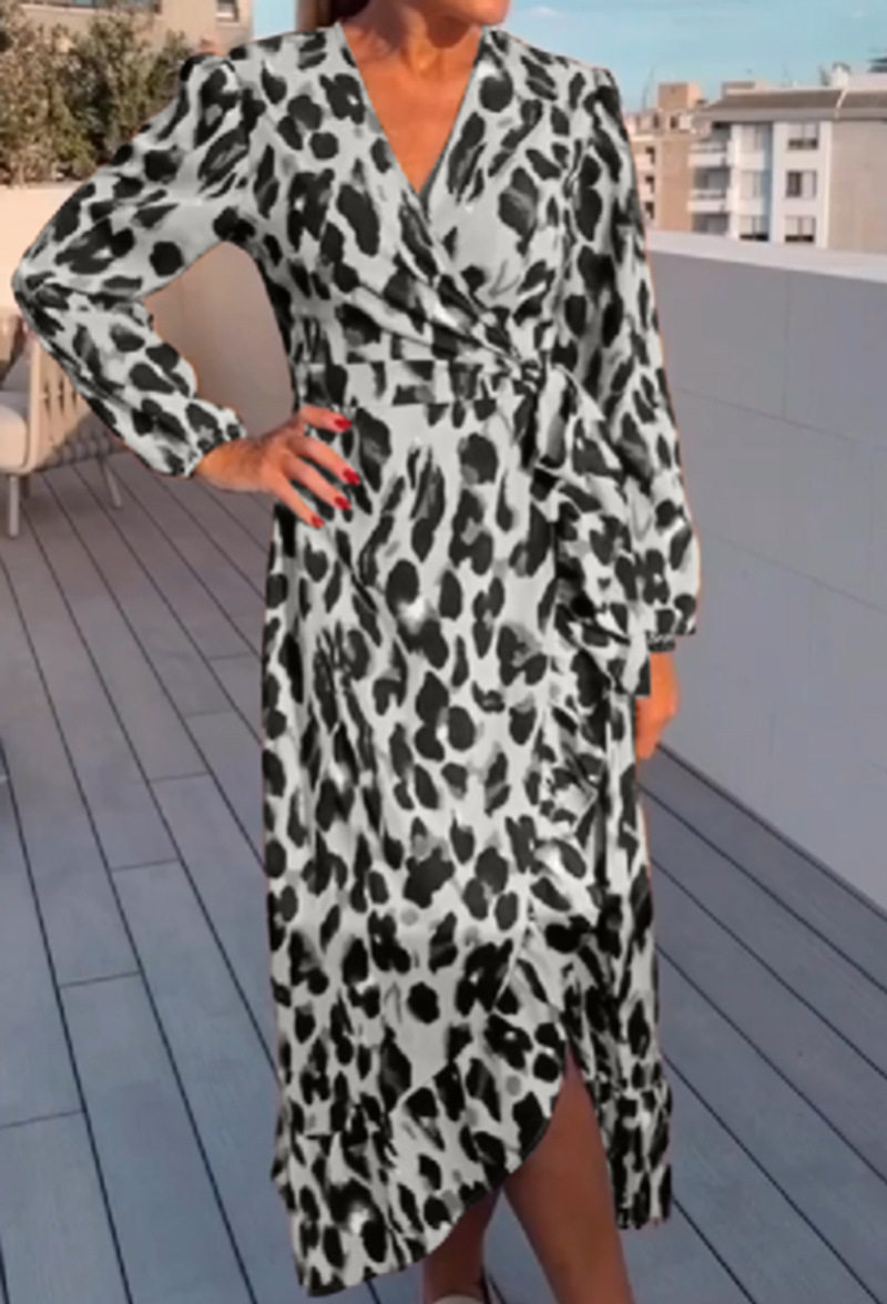 Casual Womens Dress V Neck Long Sleeve Leopard Print Comfortable Fabric Perfect for Everyday Wear Wholesale