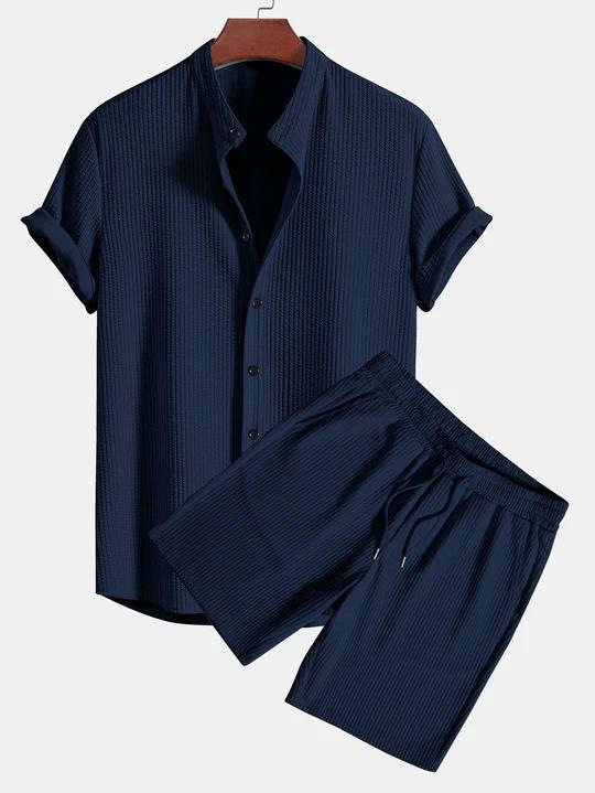 欧美速卖通外贸独立站男休闲宽松多色沙滩装坑条短袖套装两件套