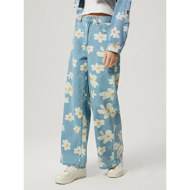 Womens Vintage Floral Print Straight Leg Jeans High Quality Denim Casual Wear Wholesale Available