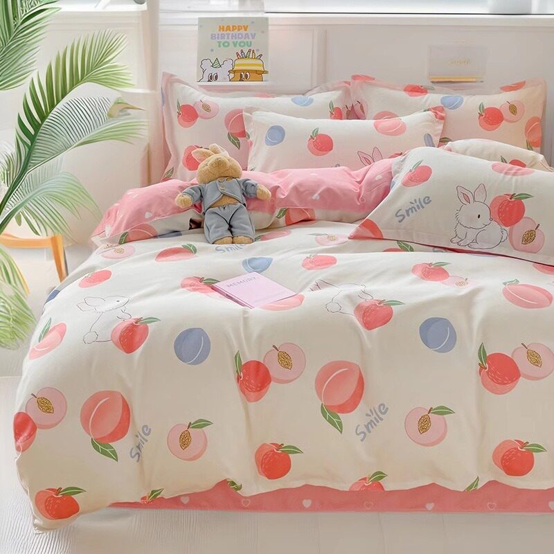 Small Fresh Thickeneded Brushed Four-Piece Dormitory Skin-Friendly Bed Bed Sheets Quilt Cover Washed Cotton Quilt Cover Three-Piece Bedding Set