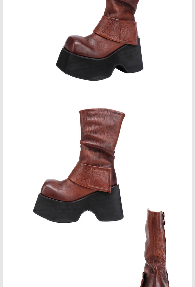Boot nữ cổ trung da bò thật thủ công gót nêm đế dày mềm nhẹ — màu đen, nâu sẫm