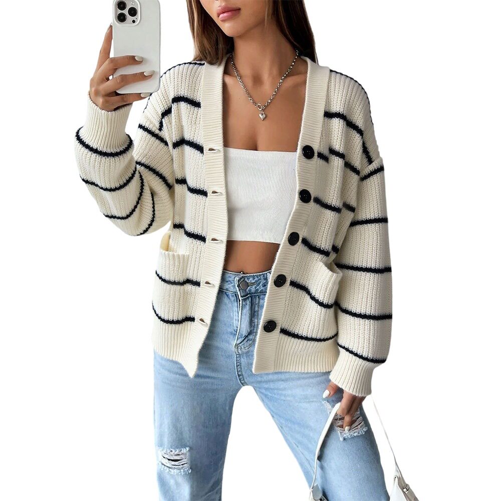 Womens Loose Fit Striped Knit Cardigan V Neck Long Sleeve Soft Fabric Spring Summer Fashion Wholesale Available