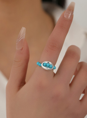 欧美新款简约时尚蓝色天然石串珠戒指小众气质百搭戒子食指环