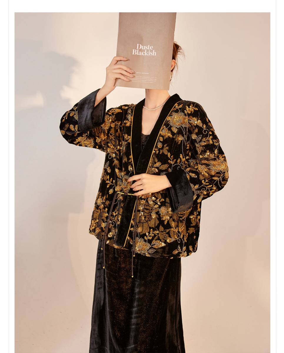 Áo cardigan nữ cổ chữ V dài tay thêu hoa đính cườm chất lụa tơ tằm cao cấp — Obsidian Black (Giao hàng trong 7 ngày)