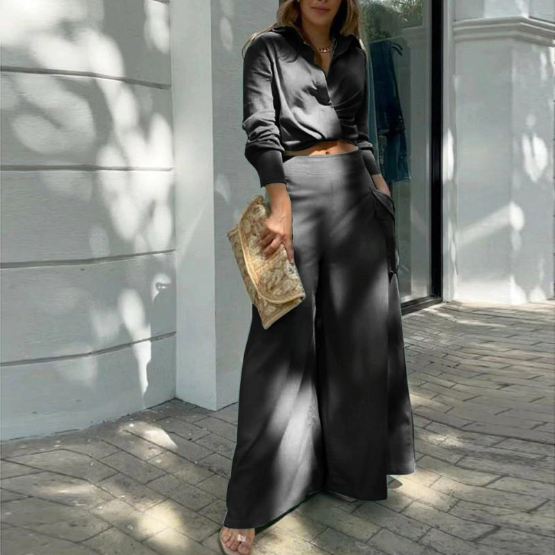 Womens Spring Casual Set Loose Fit Solid Color Top and Long Pants Perfect for Everyday Wear Wholesale Available