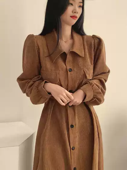 Korean Style Chic Autumn and Winter French Style Vintage Lapel Single-breasted Buckle Tape Waist Long Solid Color Corduroy dress Women