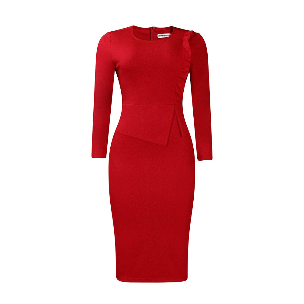 Plus Size Womens Spring Dress Solid Color Ruffled Hem Round Neck Bodycon Fit Office Wear Business Casual