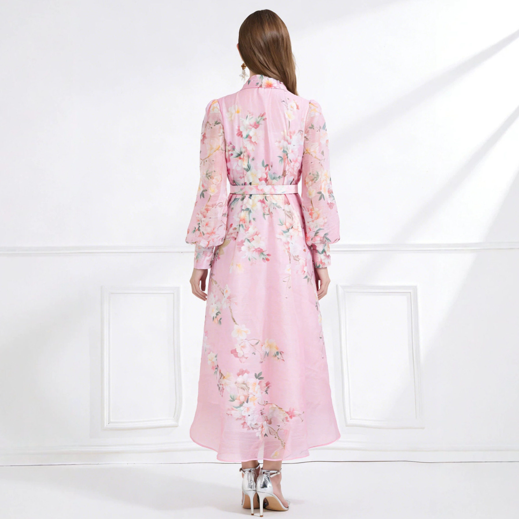 French Floral Print Long Sleeve A Line Dress Slim Fit Hollow Out Tie Waist Elegant Style Perfect for Office Wear
